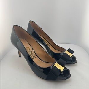 Salvatore Ferragamo Glossy Black Heels with Bow